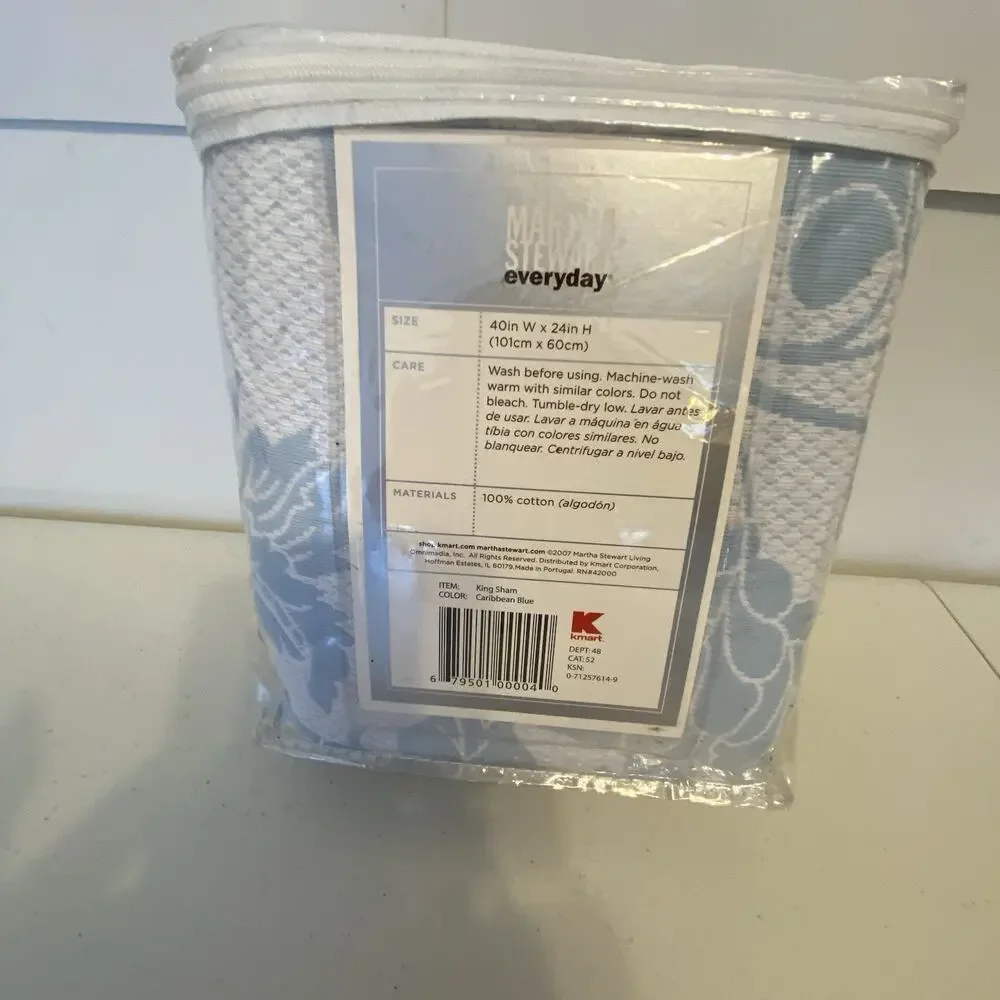 Martha Stewart King Pillow Sham Case100% Cotton White Blue Floral 24x40” Weavers
